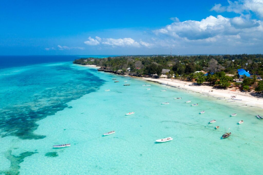 Aerial view of Zanzibar's white sandy beach and turquoise ocean